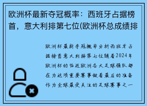 欧洲杯最新夺冠概率：西班牙占据榜首，意大利排第七位(欧洲杯总成绩排名)