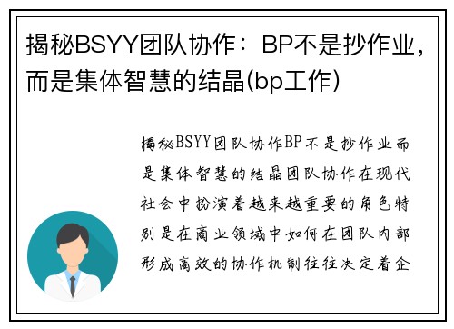 揭秘BSYY团队协作：BP不是抄作业，而是集体智慧的结晶(bp工作)